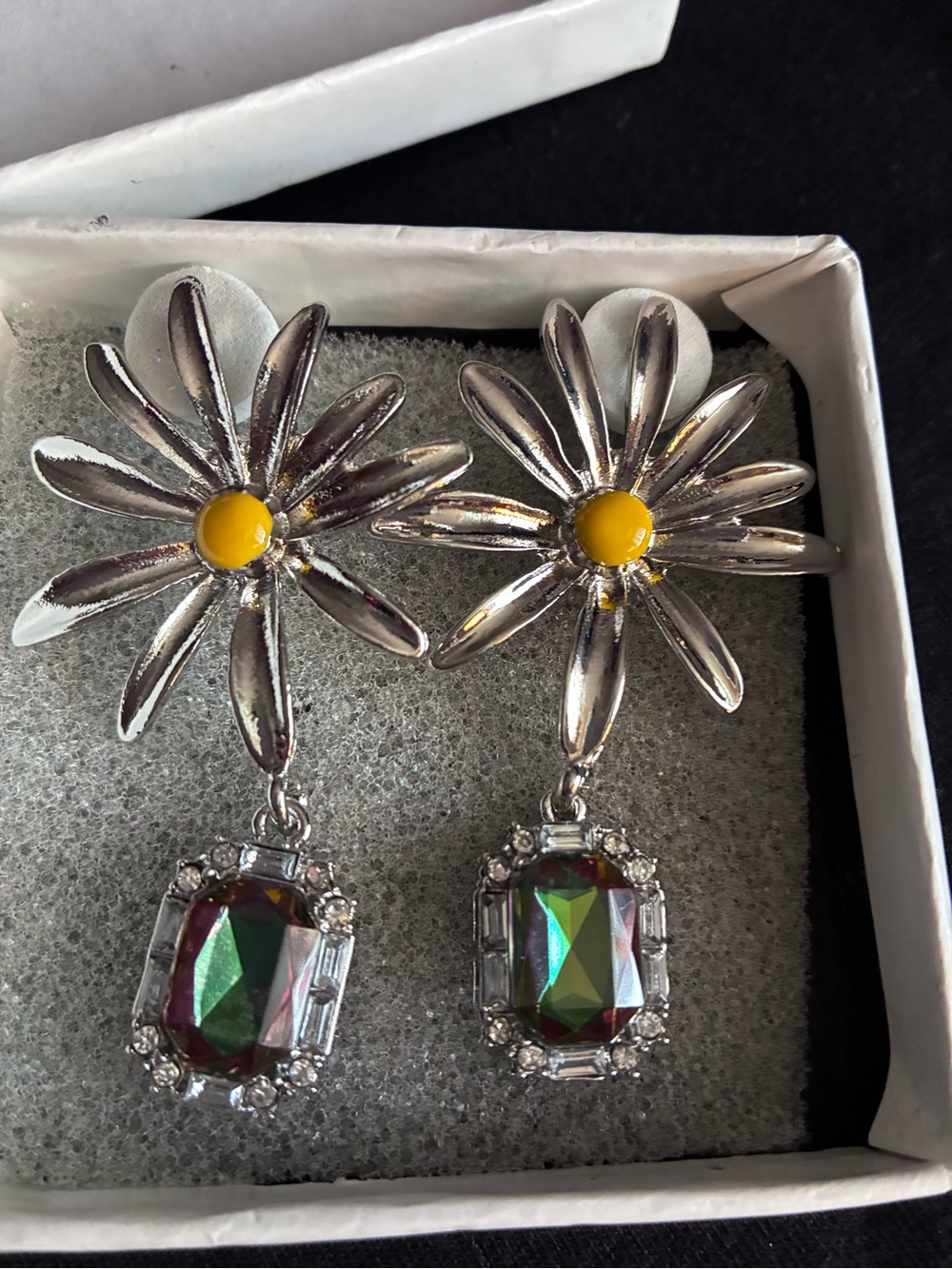 Costume Silver Tone Daisy Drop Earrings with Iridescent Gem